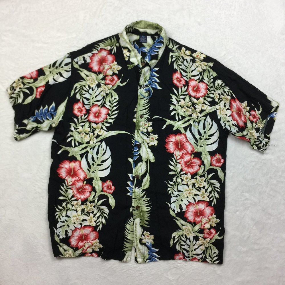Hibiscus Collection Mens Sz L Short Sleeve Black Floral Hawaii Aloha Shirt